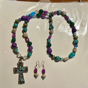Colorful Beaded Cross Necklace and Earring Set